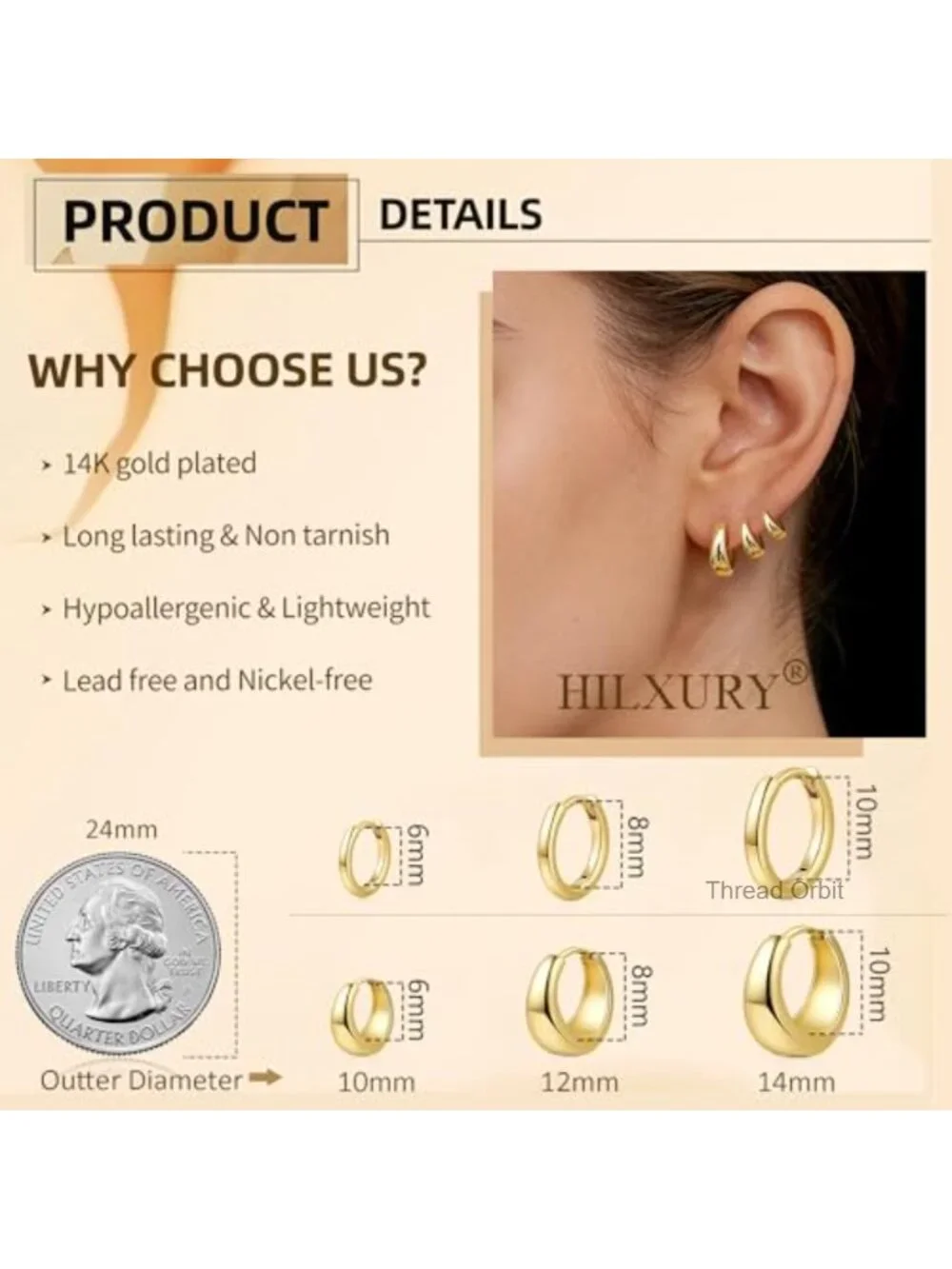 6 Pairs Gold Plated Huggie Hoop Earrings Set, Hypoallergenic Cartilage Hoops,